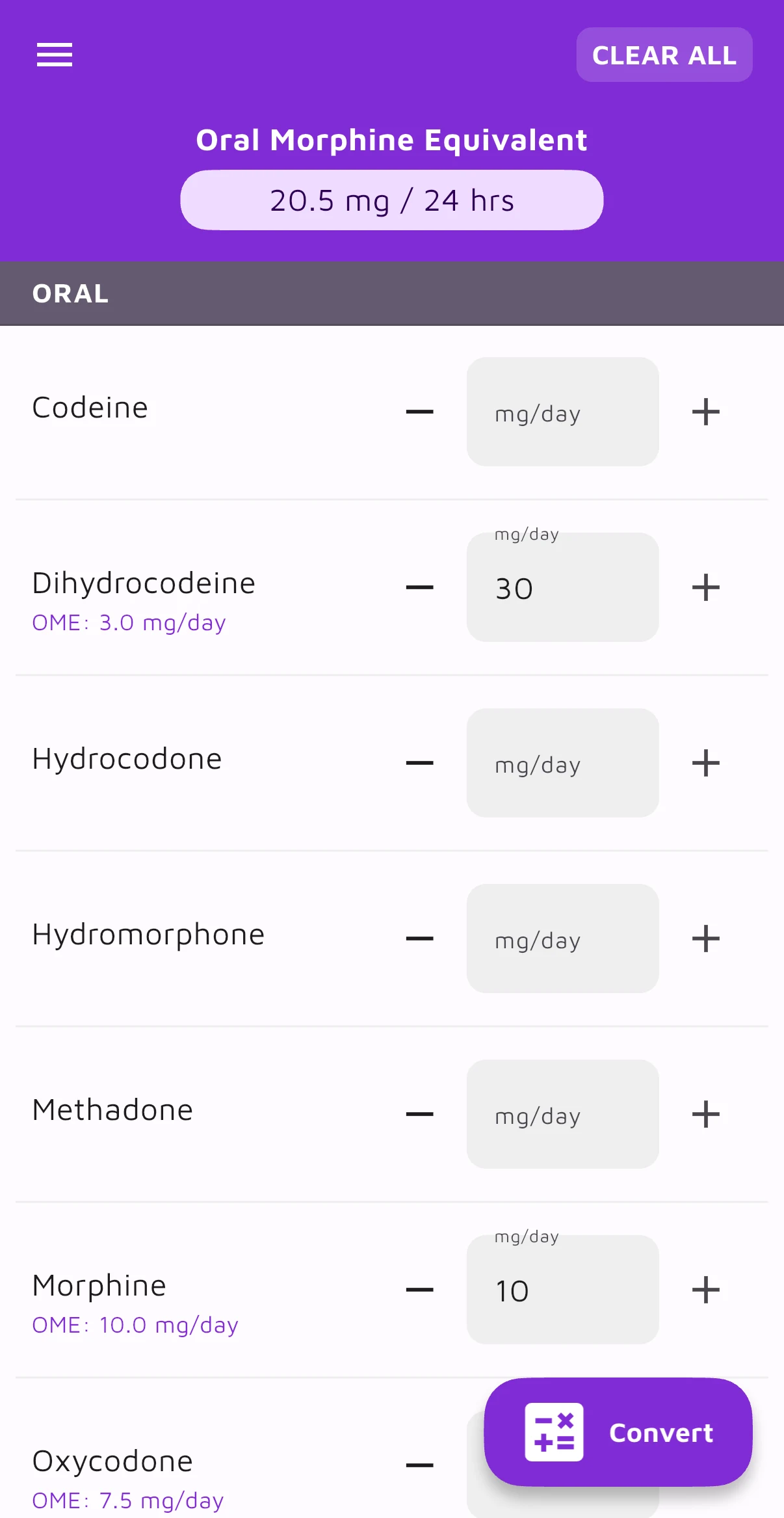 OpioidCalc calculator with a multi-opioid regimen entered and the Convert button ready