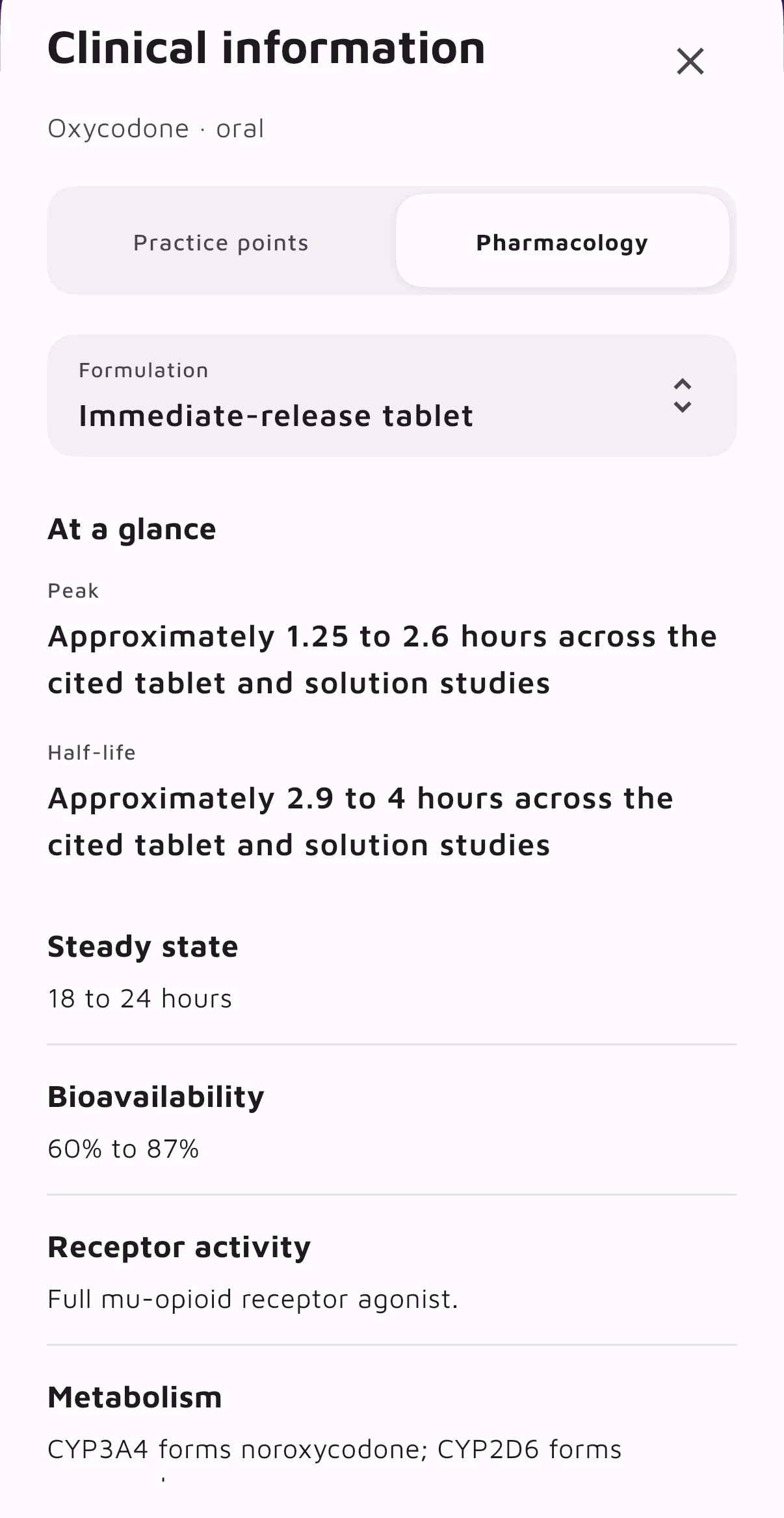 OpioidCalc pharmacology information for oral oxycodone