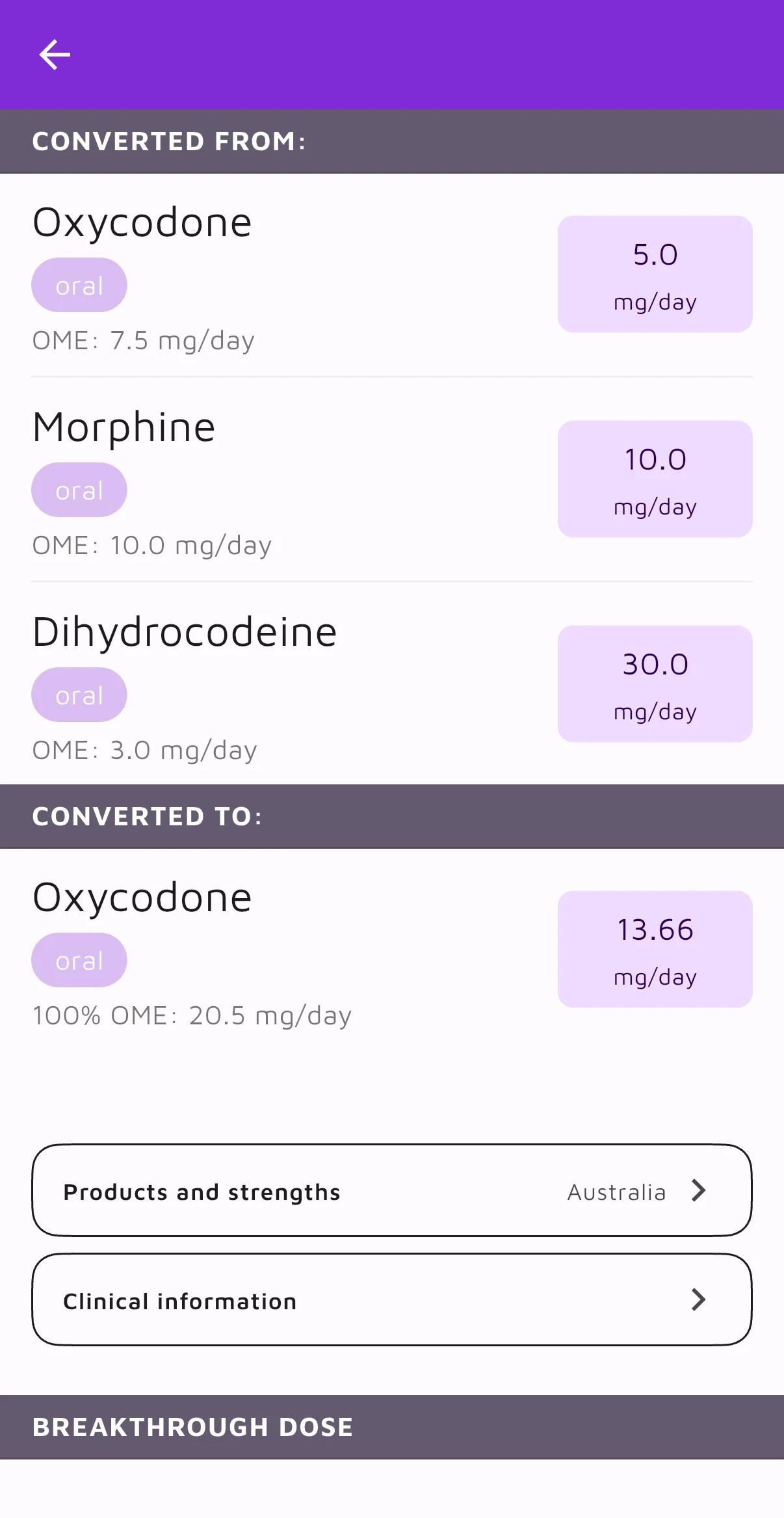 OpioidCalc conversion result with the source regimen and an oxycodone target