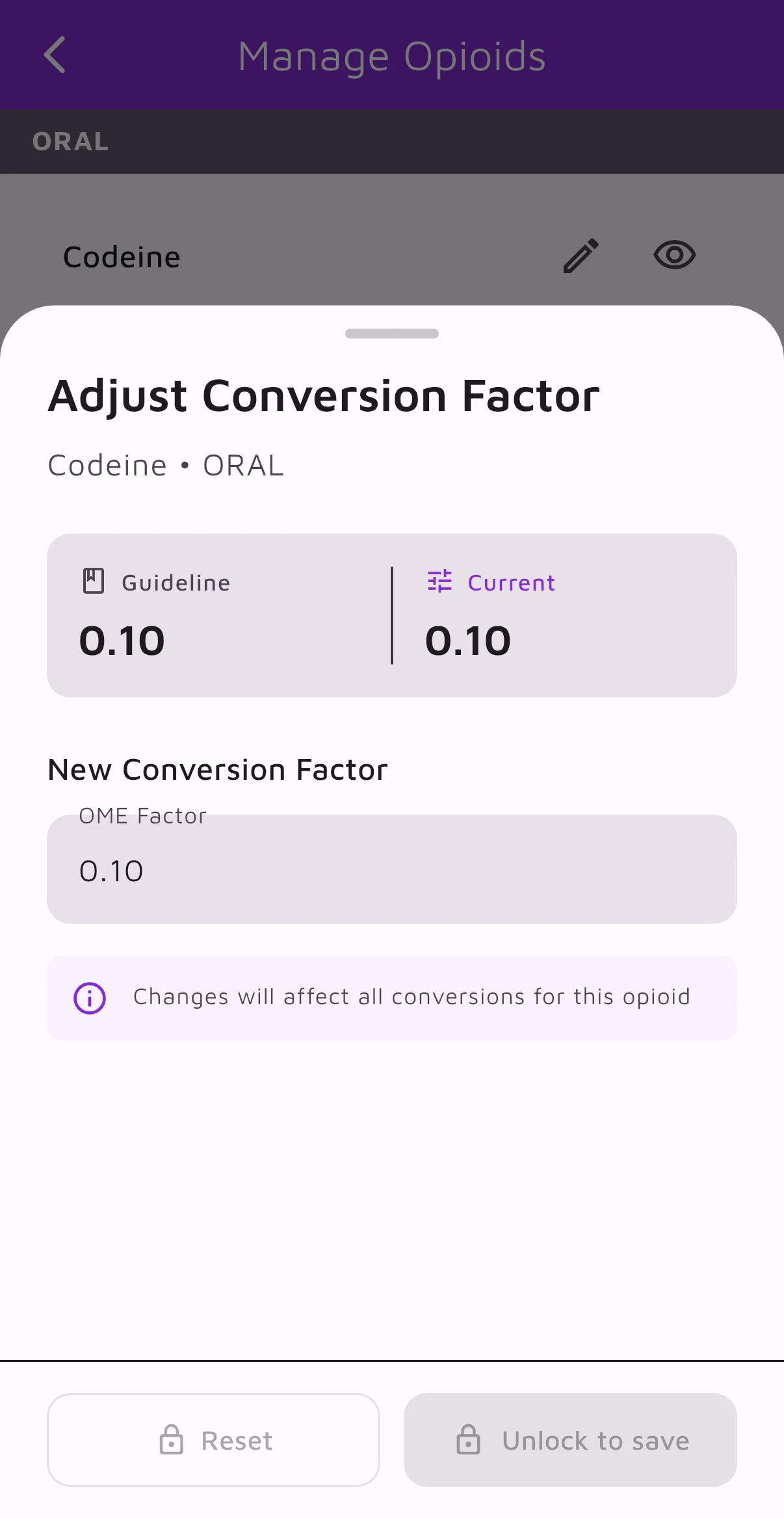 OpioidCalc custom conversion factor setting