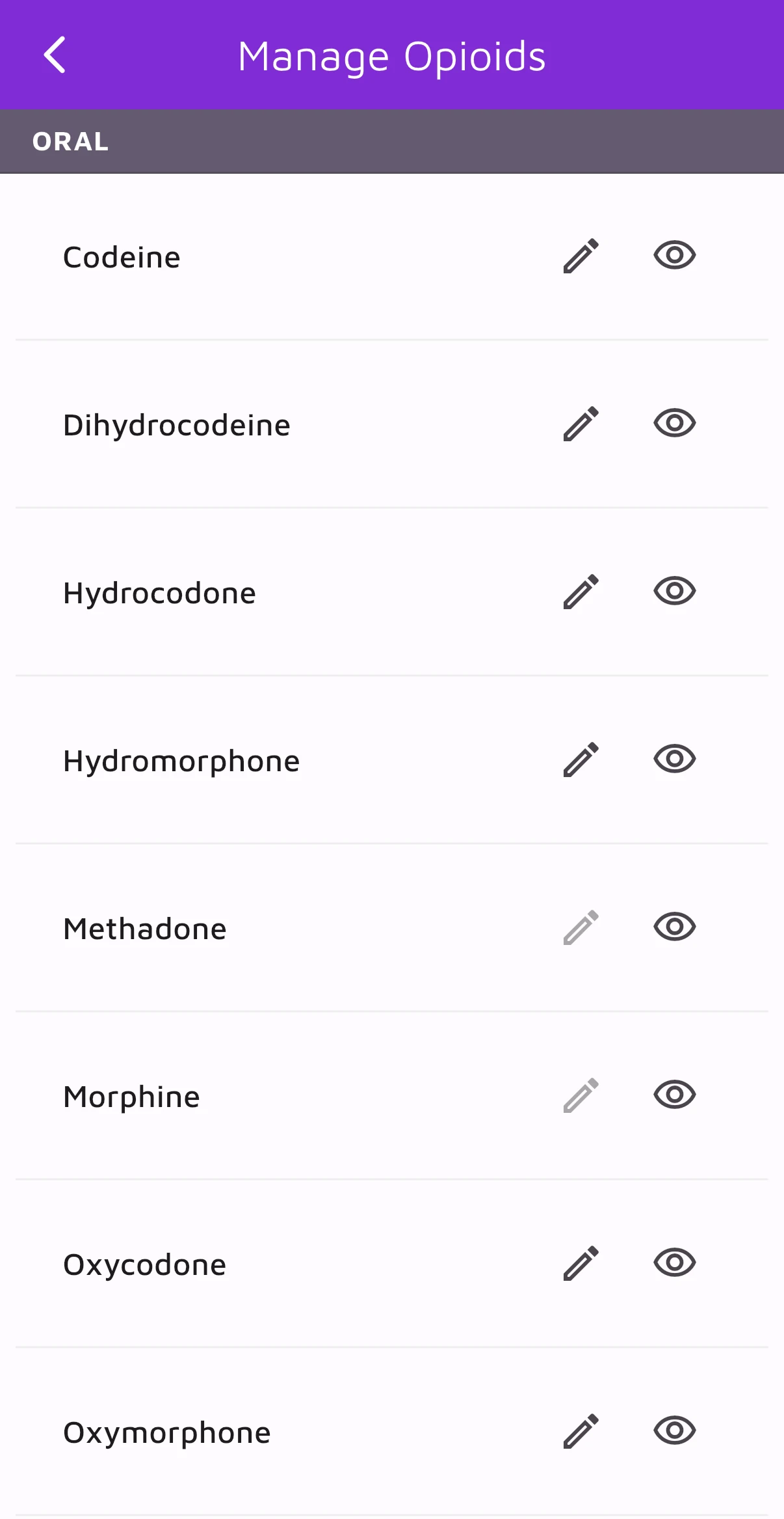 OpioidCalc screen for choosing visible opioids