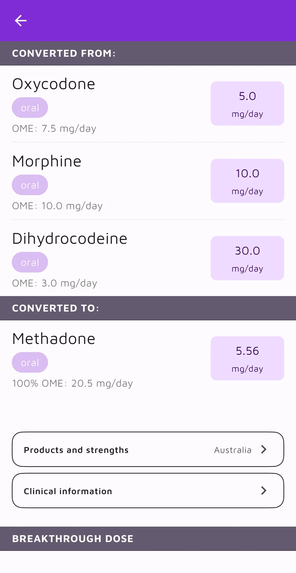 OpioidCalc methadone conversion result