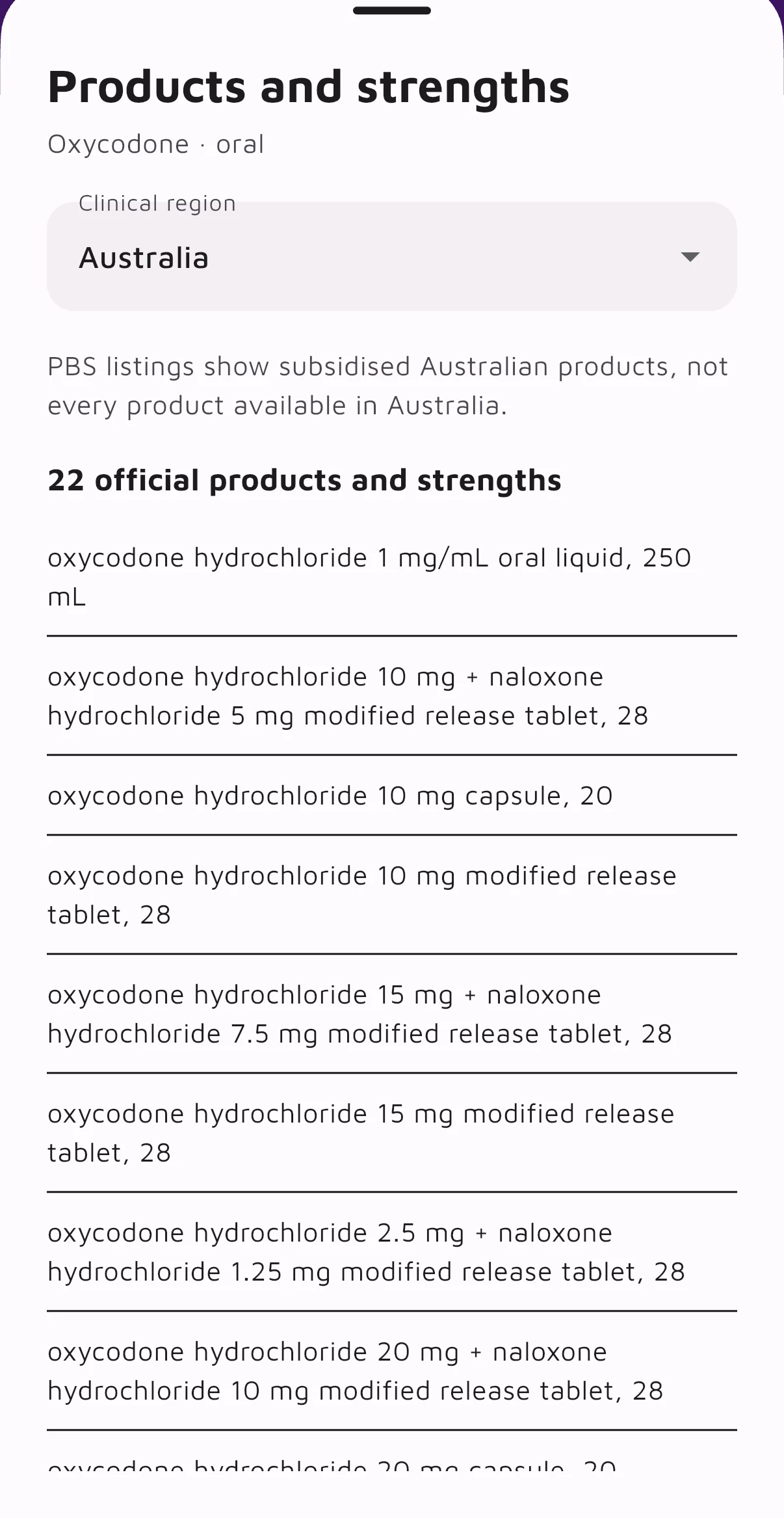 OpioidCalc regional oxycodone products and strengths