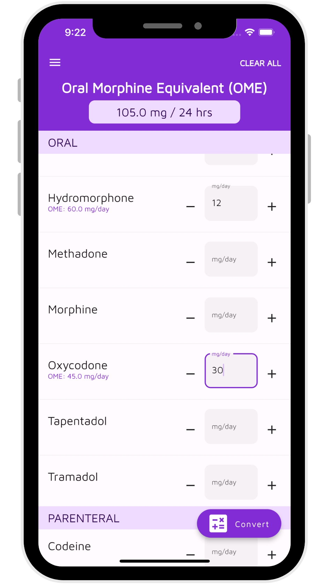 Opioid Conversion Calculator mobile app interface showing dose conversion between morphine and oxycodone